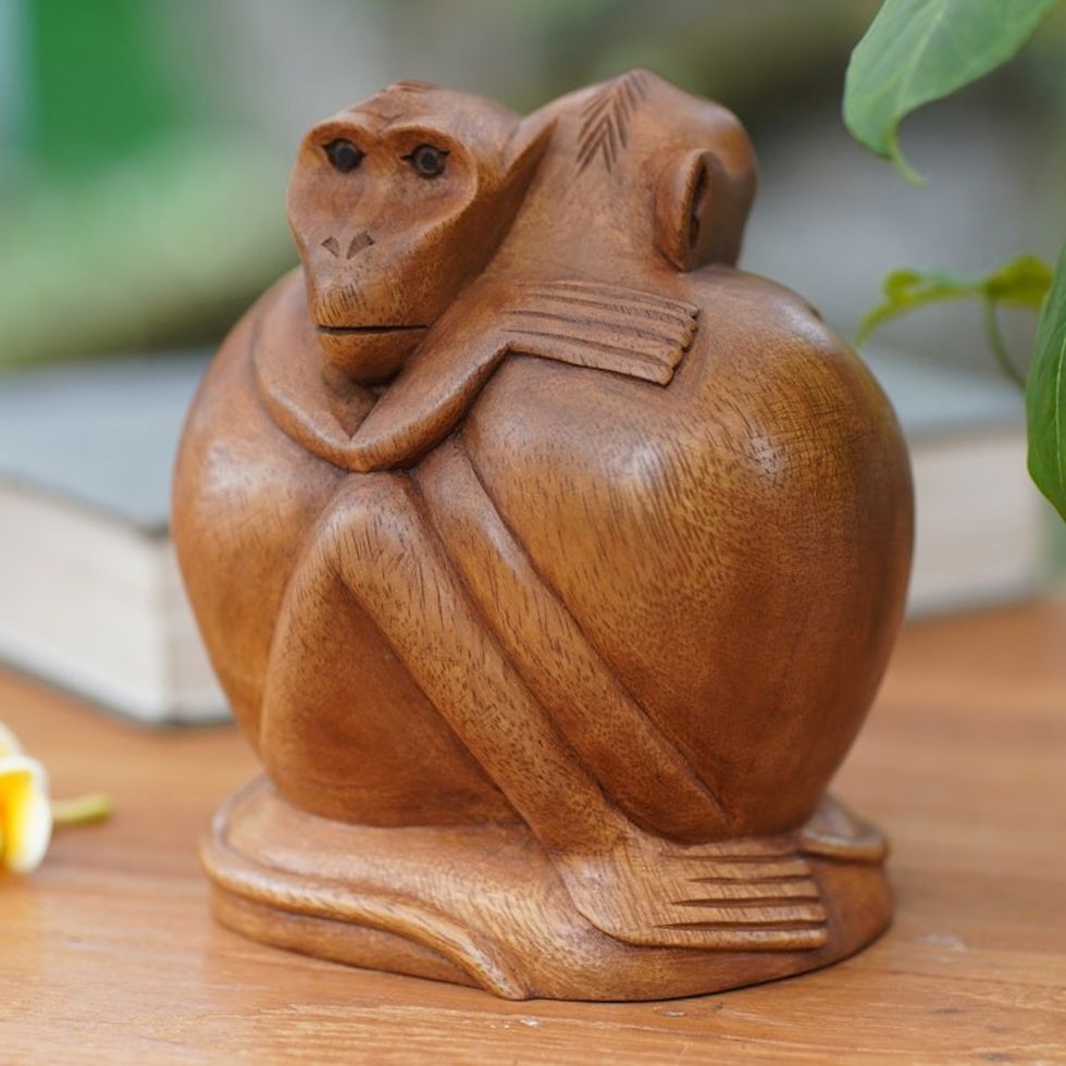 Artisan Crafted Wood Statuette 'Romancing Monkey'
