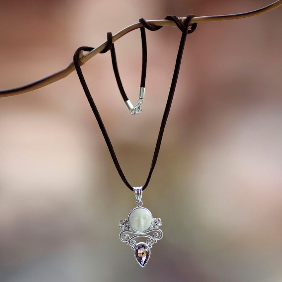 Amethyst and Cow Bone Pendant Necklace 'Guardian Moon'