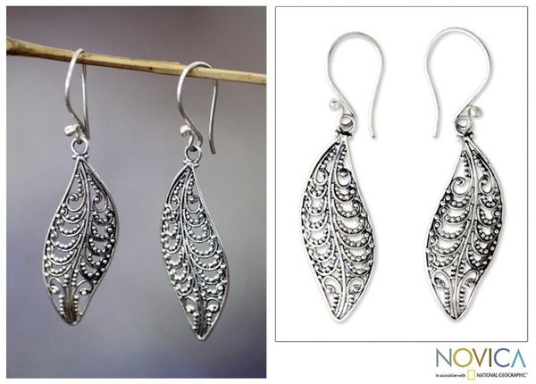 Alternate image for Unique Sterling Silver Dangle Earrings Plumeria Leaf