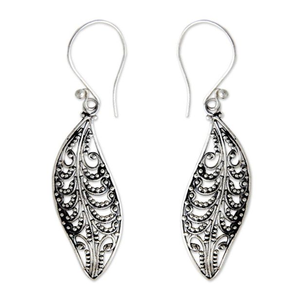 Alternate image for Unique Sterling Silver Dangle Earrings Plumeria Leaf