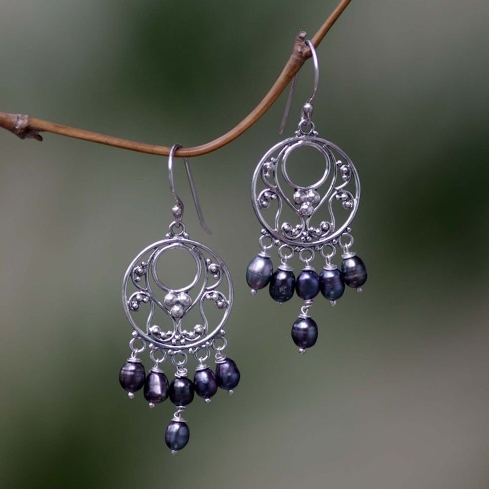 Pearl Sterling Silver Chandelier Earrings 'Dark Moonbeams'