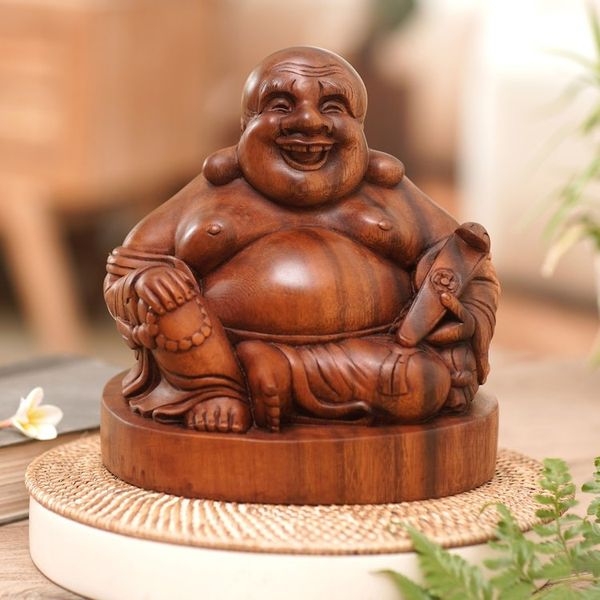 Alternate image for Original Wood Sculpture Jovial Buddha