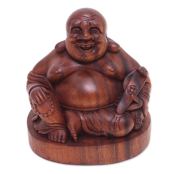 Alternate image for Original Wood Sculpture Jovial Buddha