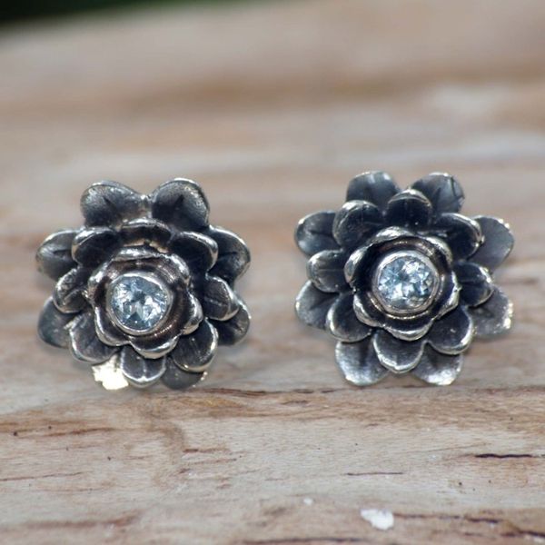 Alternate image for Sterling Silver and Blue Topaz Button Earrings Blue-Eyed Lotus
