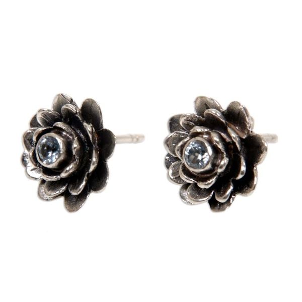 Alternate image for Sterling Silver and Blue Topaz Button Earrings Blue-Eyed Lotus