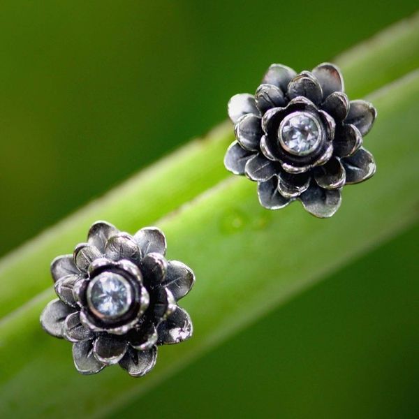 Alternate image for Sterling Silver and Blue Topaz Button Earrings Blue-Eyed Lotus