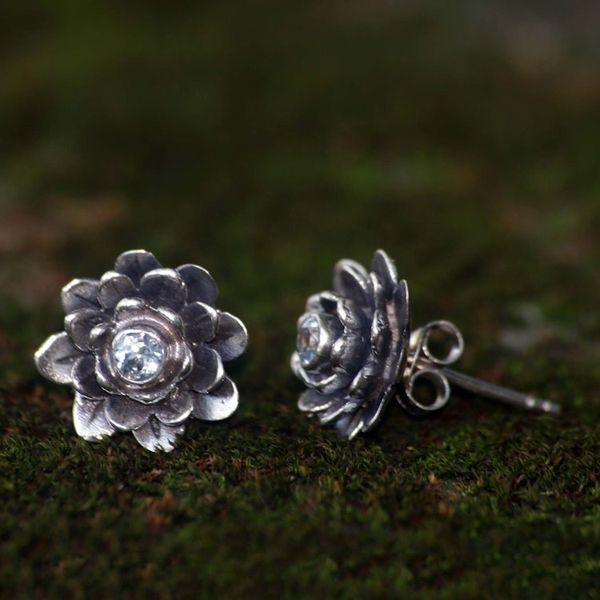 Alternate image for Sterling Silver and Blue Topaz Button Earrings Blue-Eyed Lotus