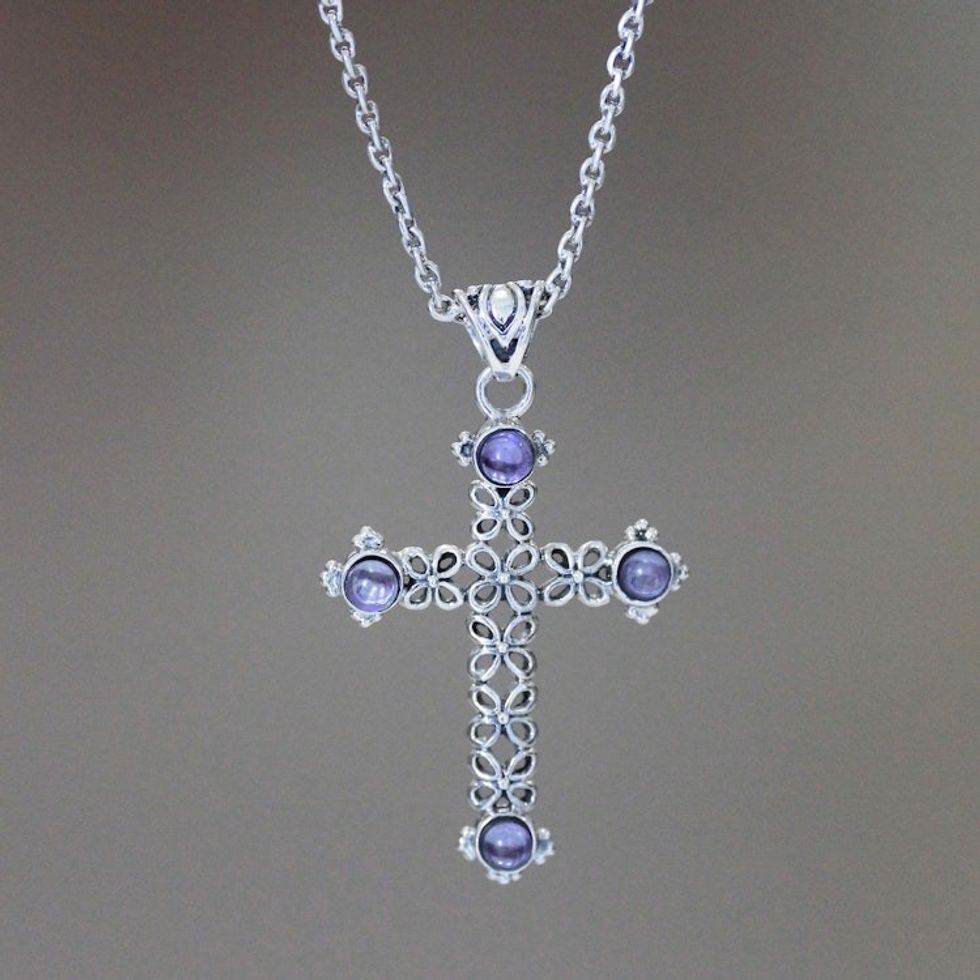 Unique Amethyst and Sterling Silver Cross Necklace 'Jasmine Light'