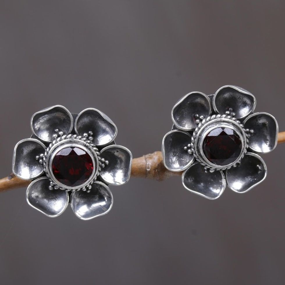 Garnet Sterling Silver Floral Button Earrings 'Red-Eyed Rose'