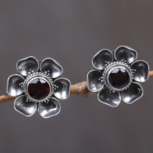 Alternate image for Garnet Sterling Silver Floral Button Earrings Red-Eyed Rose