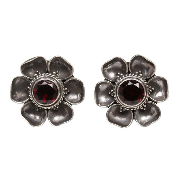 Alternate image for Garnet Sterling Silver Floral Button Earrings Red-Eyed Rose