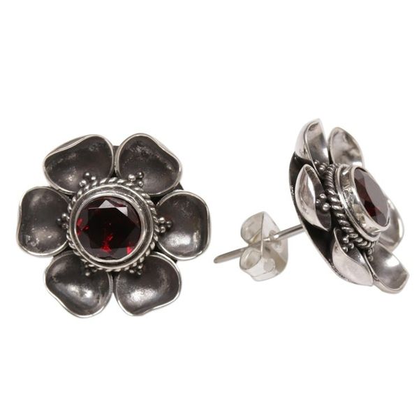 Alternate image for Garnet Sterling Silver Floral Button Earrings Red-Eyed Rose