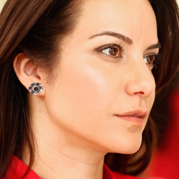 Alternate image for Garnet Sterling Silver Floral Button Earrings Red-Eyed Rose