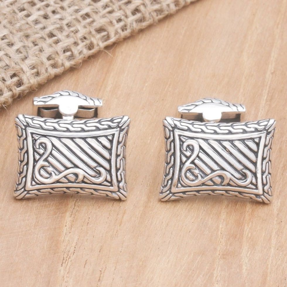Handcrafted Sterling Silver Cufflinks from Indonesia 'Royal Fern'