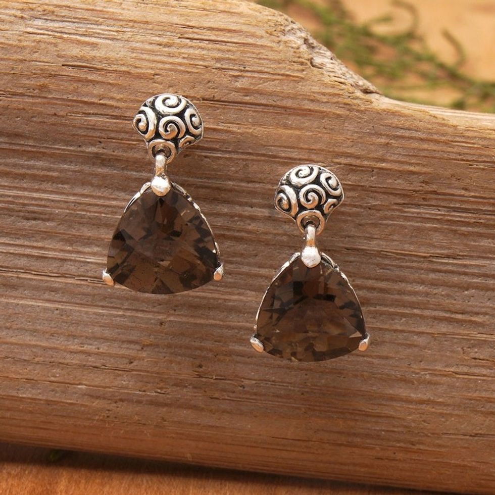 Indonesian Smoky Quartz Sterling Silver Earrings 'Mystic Trinity'