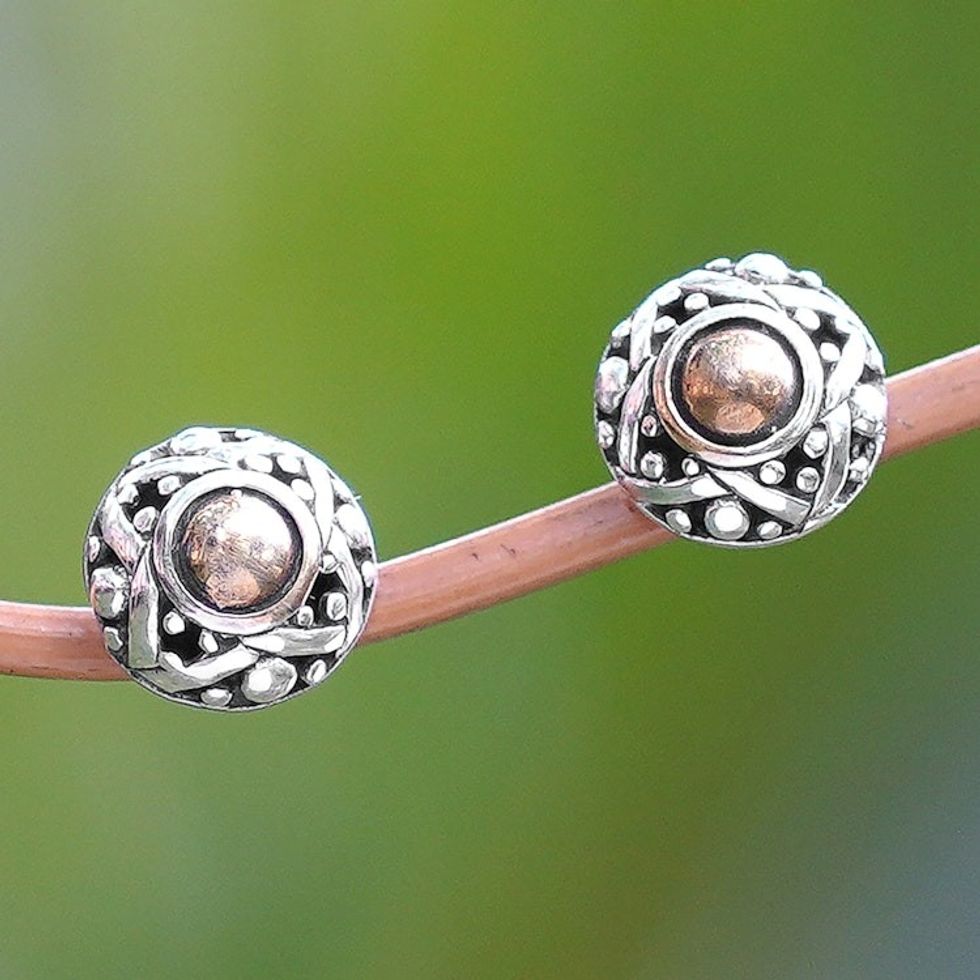 Hand Crafted Gold Accent Button Earrings 'Majapahit Shield'