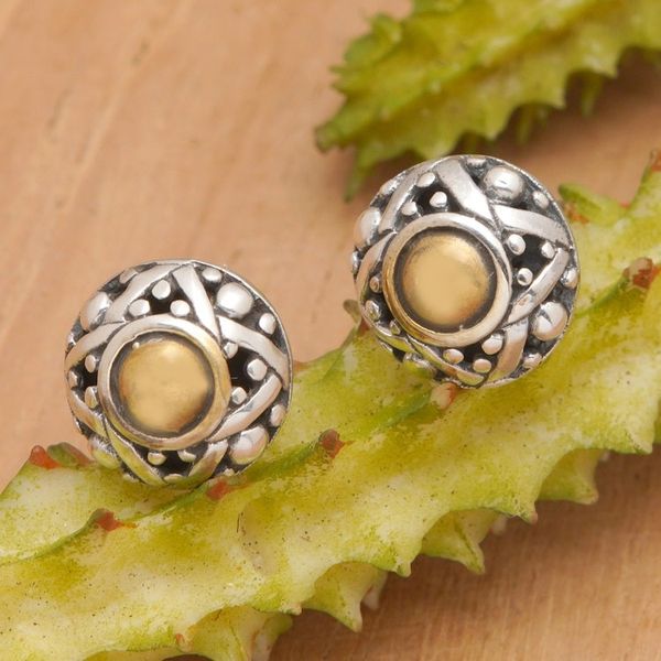 Alternate image for Hand Crafted Gold Accent Button Earrings Majapahit Shield