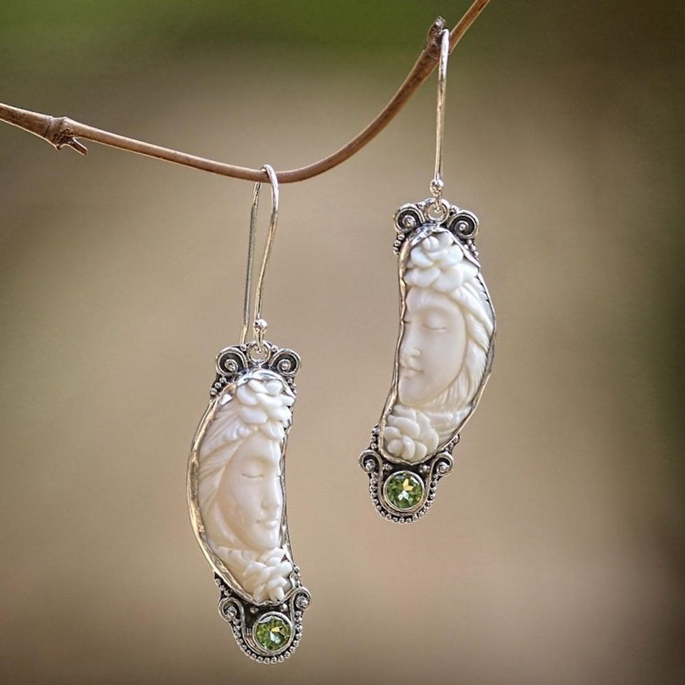 Peridot and Bone Sterling Silver Dangle Earrings 'Rose Queen'
