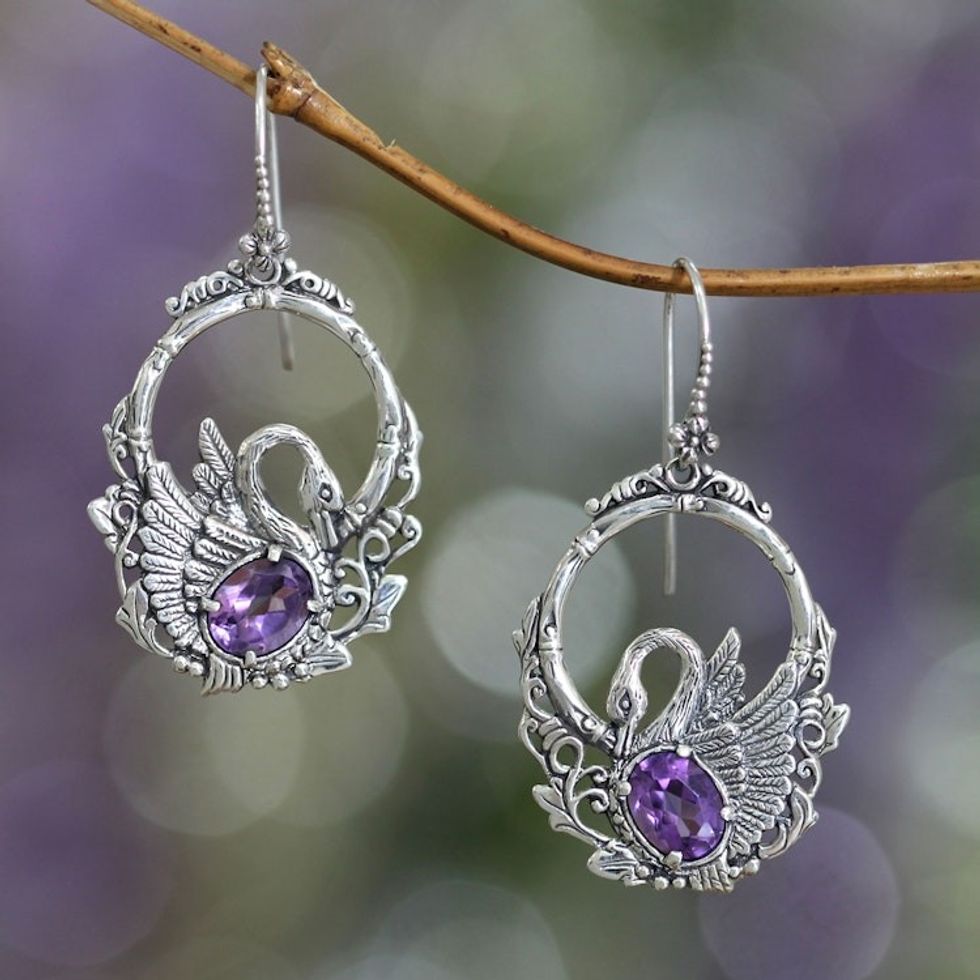 Sterling Silver and Amethyst Bird Earrings 'Dancing Swan'