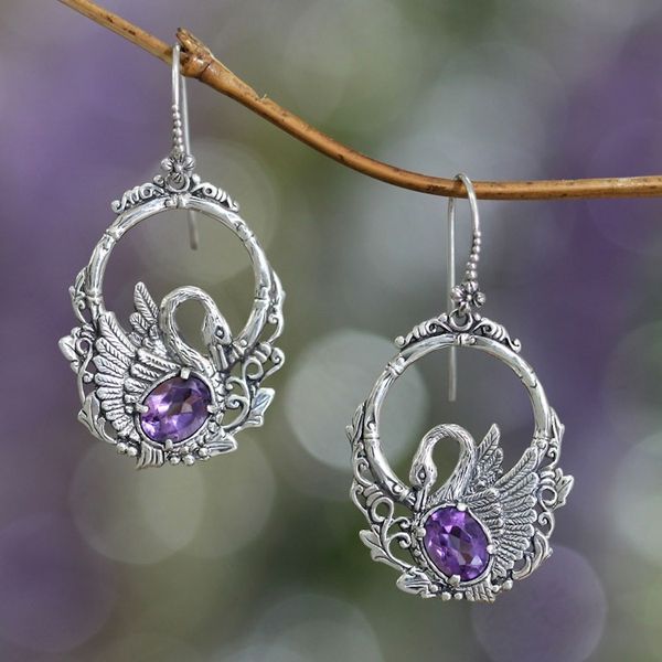 Alternate image for Sterling Silver and Amethyst Bird Earrings Dancing Swan