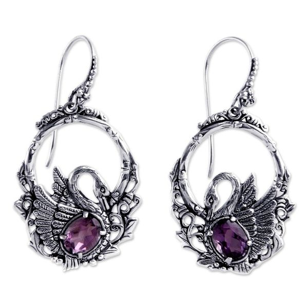 Alternate image for Sterling Silver and Amethyst Bird Earrings Dancing Swan