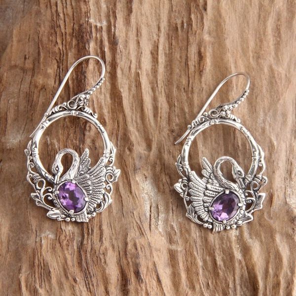Alternate image for Sterling Silver and Amethyst Bird Earrings Dancing Swan