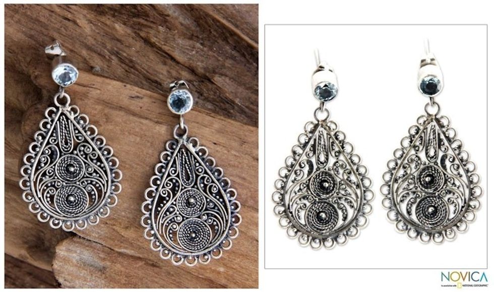 Blue topaz filigree earrings 'Bali Dew'