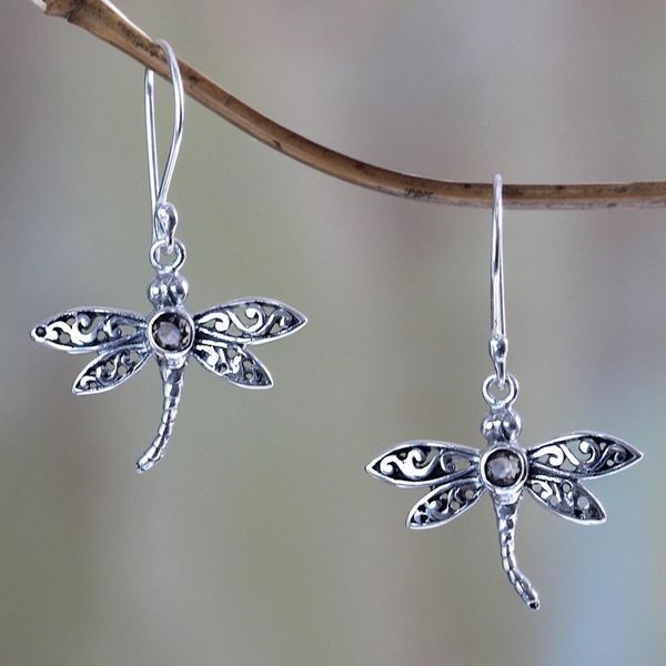 Alternate image for Smoky quartz dangle earrings Enchanted Dragonfly