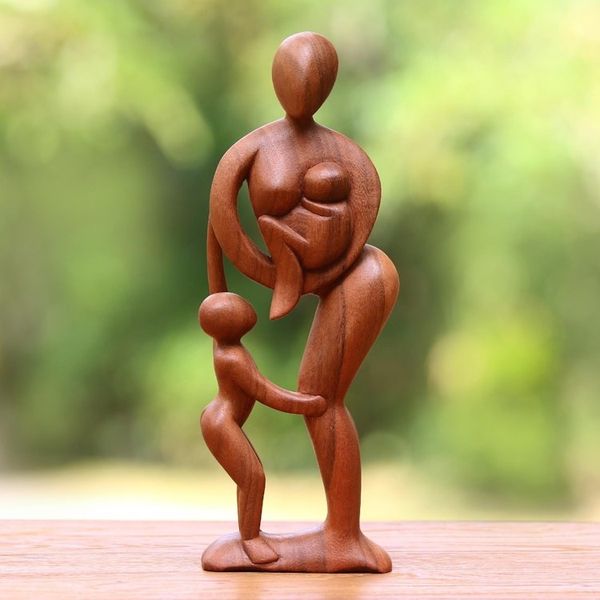 Alternate image for Hand Carved Mother and Child Sculpture Abstract Family