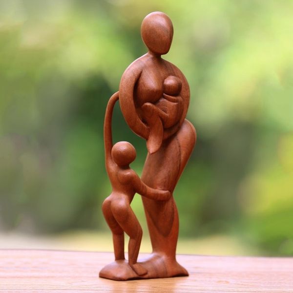 Alternate image for Hand Carved Mother and Child Sculpture Abstract Family