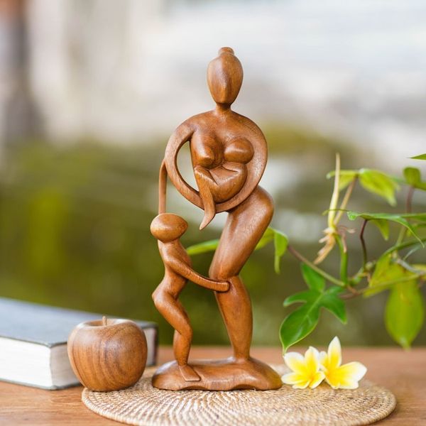 Alternate image for Hand Carved Mother and Child Sculpture Abstract Family