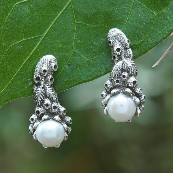 Alternate image for Handmade Pearl and Silver Drop Earrings Coral Reef