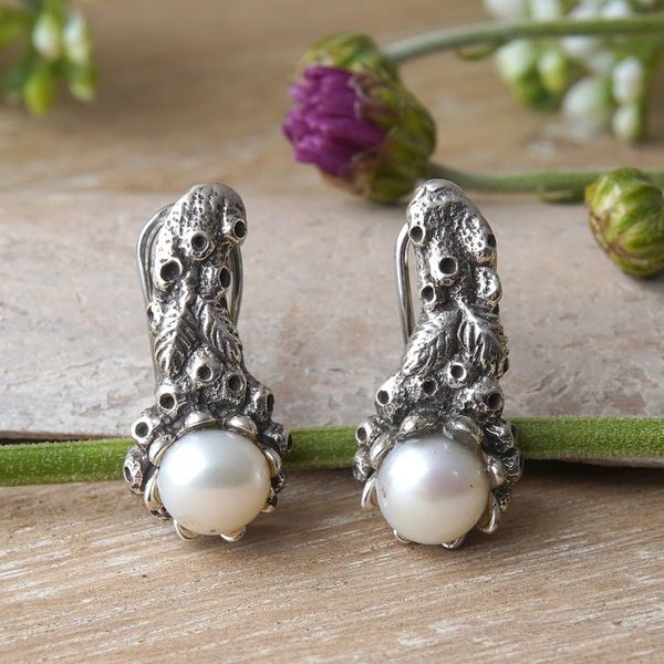 Alternate image for Handmade Pearl and Silver Drop Earrings Coral Reef