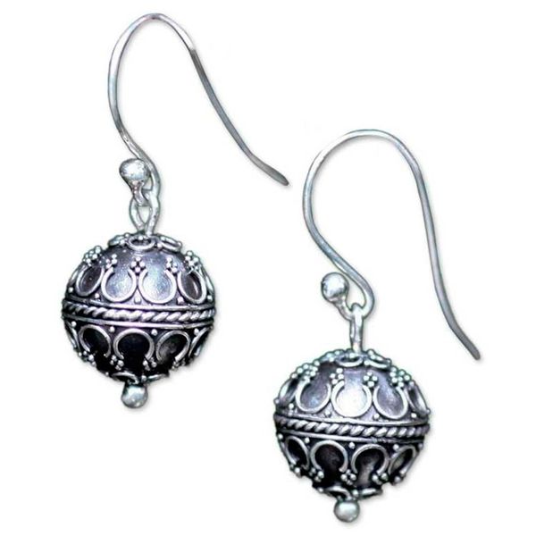 Alternate image for Indonesian Sterling Silver Dangle Earrings Exotic Globe