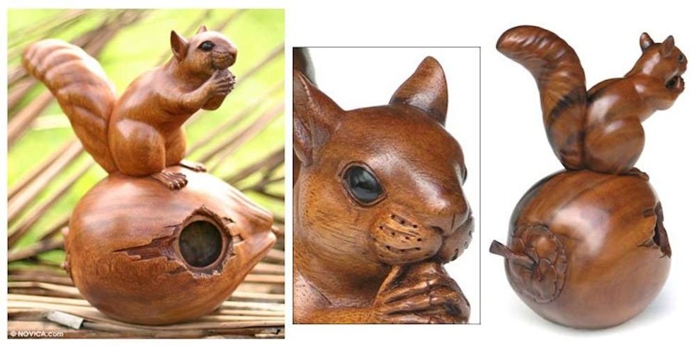 Suar Wood Animal Sculpture 'Perky Squirrel'