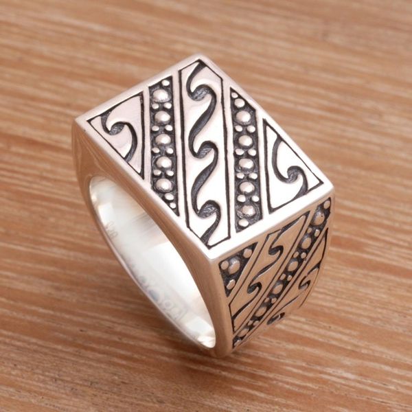 Alternate image for Mens Handmade Sterling Silver and Gold Accent Ring Balinese Surf