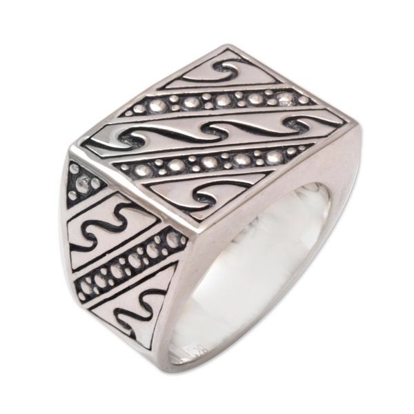 Alternate image for Mens Handmade Sterling Silver and Gold Accent Ring Balinese Surf