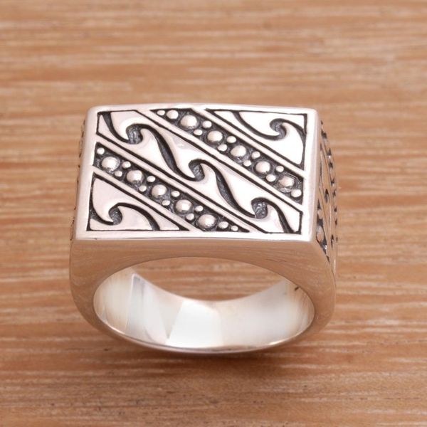 Alternate image for Mens Handmade Sterling Silver and Gold Accent Ring Balinese Surf