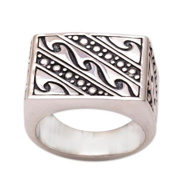 Alternate image for Mens Handmade Sterling Silver and Gold Accent Ring Balinese Surf