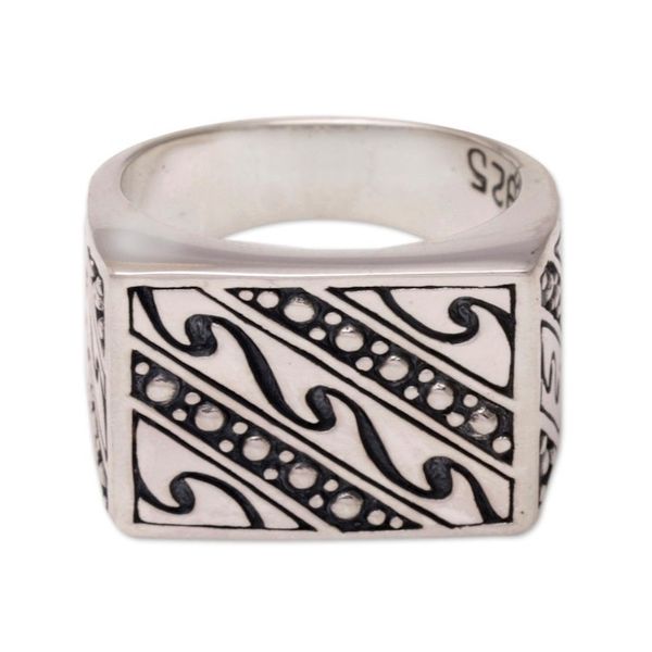 Alternate image for Mens Handmade Sterling Silver and Gold Accent Ring Balinese Surf
