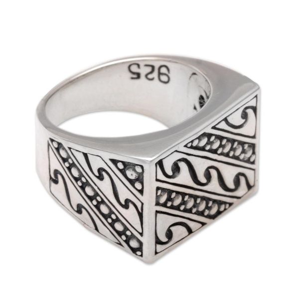 Alternate image for Mens Handmade Sterling Silver and Gold Accent Ring Balinese Surf