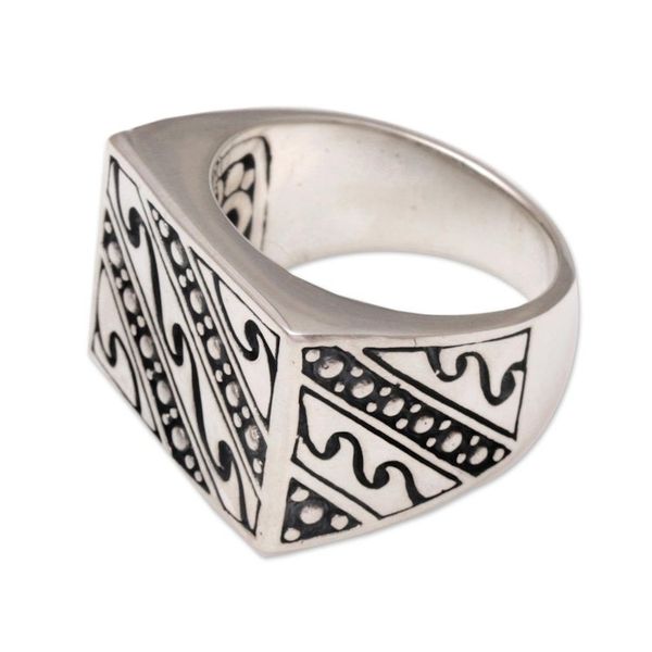 Alternate image for Mens Handmade Sterling Silver and Gold Accent Ring Balinese Surf