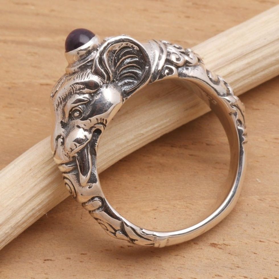 Men's Sterling Silver and Amethyst Ring 'Balinese Elephant'