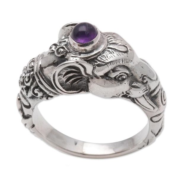 Alternate image for Mens Sterling Silver and Amethyst Ring Balinese Elephant