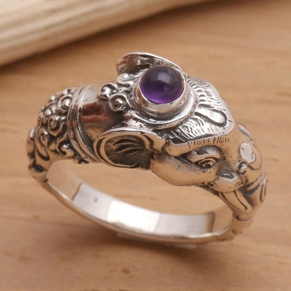 Alternate image for Mens Sterling Silver and Amethyst Ring Balinese Elephant