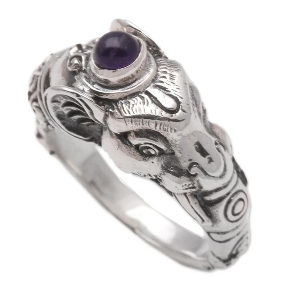 Alternate image for Mens Sterling Silver and Amethyst Ring Balinese Elephant