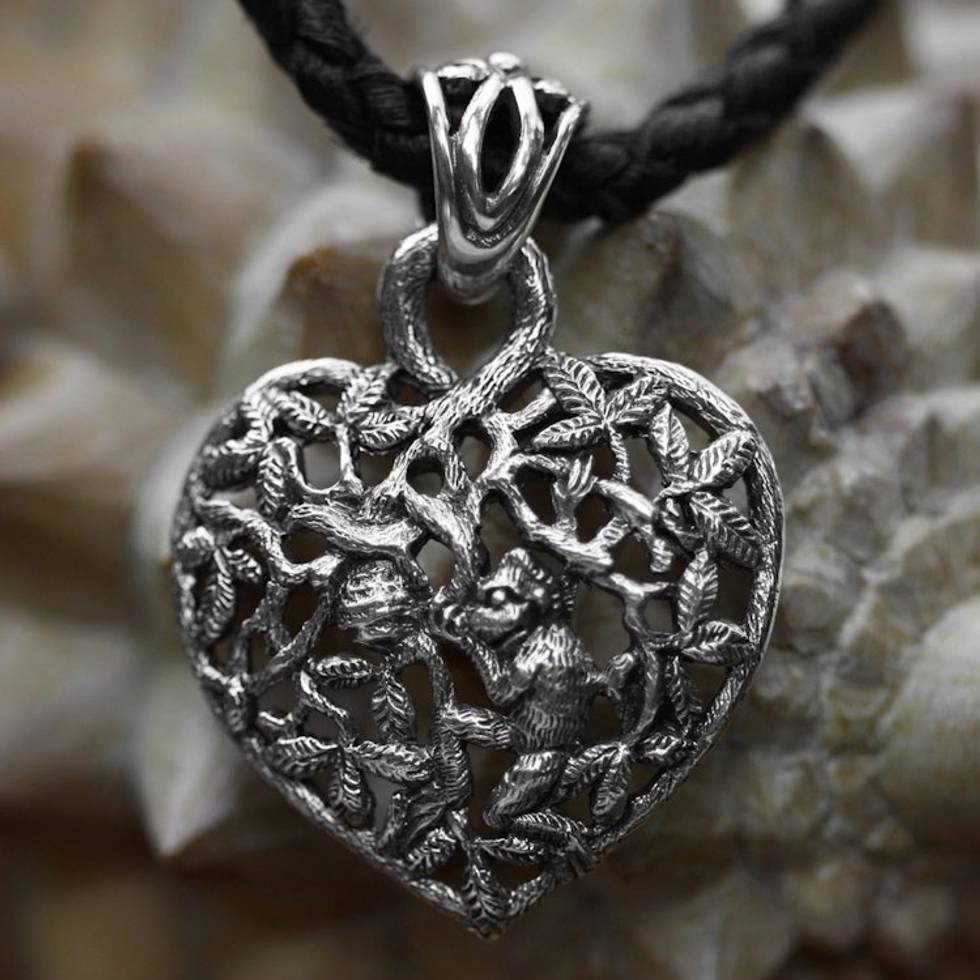 Sterling Silver and Leather Heart Necklace 'Love of Nature'