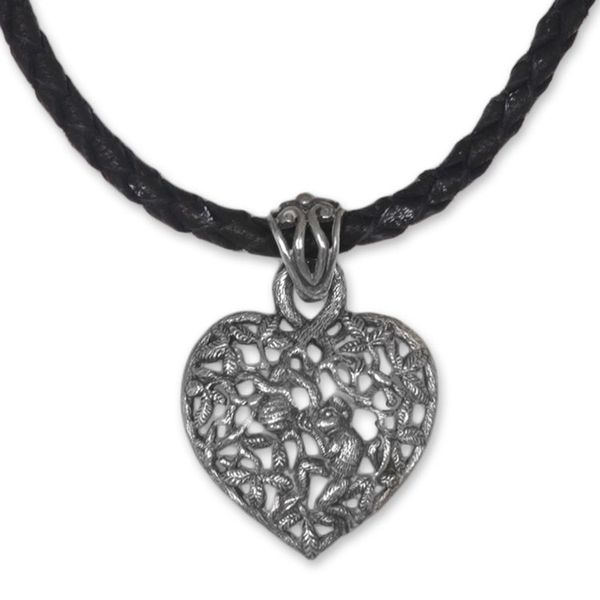 Alternate image for Sterling Silver and Leather Heart Necklace Love of Nature