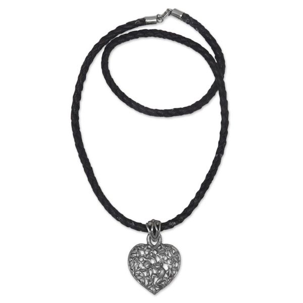 Alternate image for Sterling Silver and Leather Heart Necklace Love of Nature