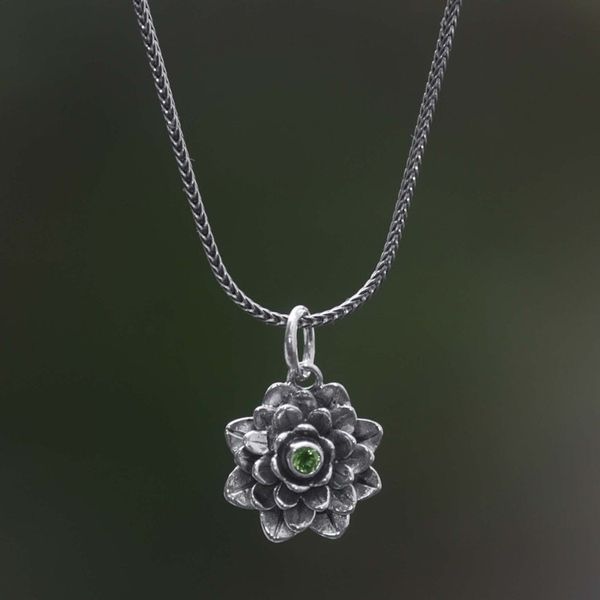 Alternate image for Floral Sterling Silver and Peridot Pendant Necklace Sacred Green Lotus